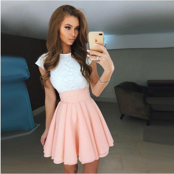 Freshman A-Line Cap Sleeves Open Back Pink Top Lace Short Homecoming Dresses, BD0252