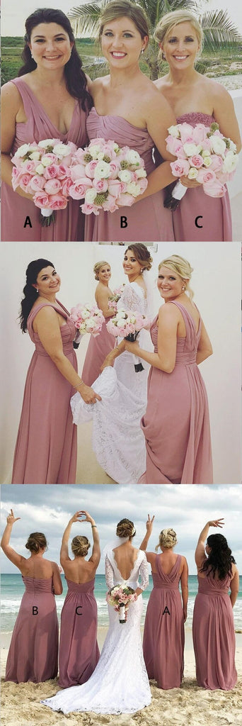 A-Line  Long Dusty Pink Chiffon Cheap Modest Sexy Unique Soft Elegant Hot Sale Mismatched Bridesmaid Dresses Online, WG259 - SposaBridal
