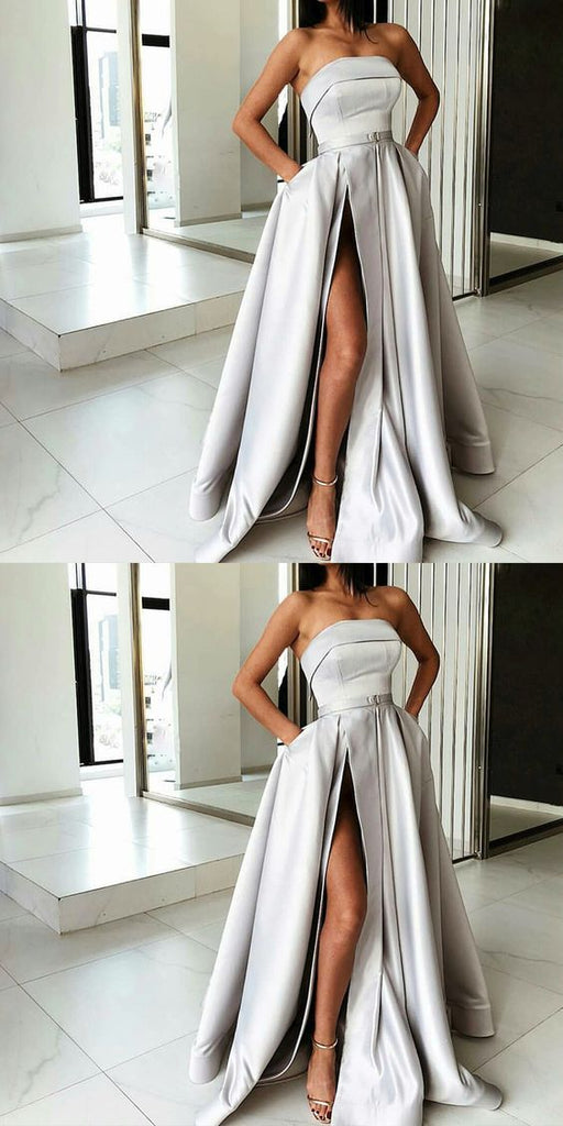 A-Line Most Popular Off Shoulder Sweep Train Split Front Grey Prom Dresses with Belt online , PD0944 - SposaBridal