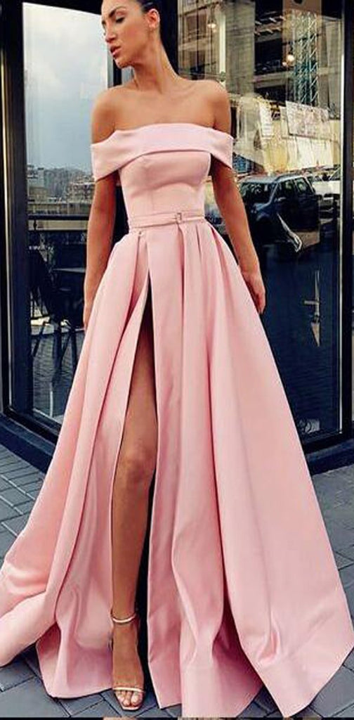 A-Line Off Shoulder Long Cheap Sweep Train Split Front Pink Prom Dresses with Belt, PD0945 - SposaBridal