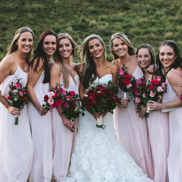 A-Line Spaghetti Straps Floor-Length Pink Chiffon Cheap Simple Bridesmaid Dresses, WG238 - SposaBridal