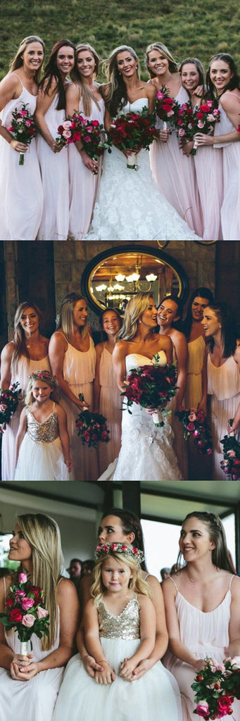 A-Line Spaghetti Straps Floor-Length Pink Chiffon Cheap Simple Bridesmaid Dresses, WG238 - SposaBridal