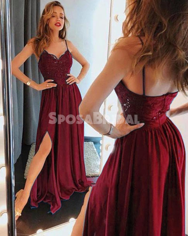 Sexy Burgundy Spaghetti Straps Lace Side-slit A-line Cheap Long Prom Dresses, PD0857