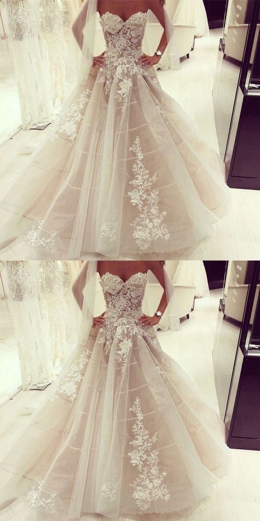 Cheap Long A-Line Sweetheart Floor-Length Tulle Wedding Dresses with Appliques, WD0338 - SposaBridal