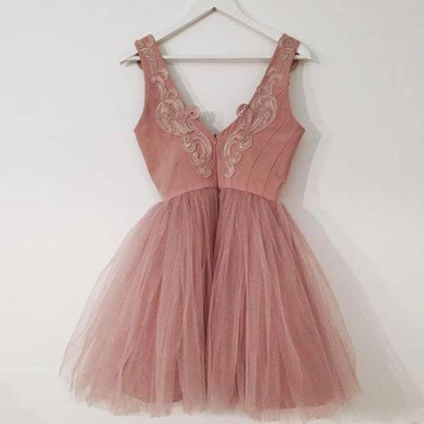 A-Line V-Neck Short Blush Appliques Homecoming Dress , Short Bridesmaid Dresses, WG102 - SposaBridal