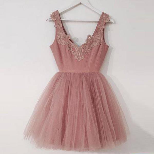 A-Line V-Neck Short Blush Appliques Homecoming Dress , Short Bridesmaid Dresses, WG102 - SposaBridal