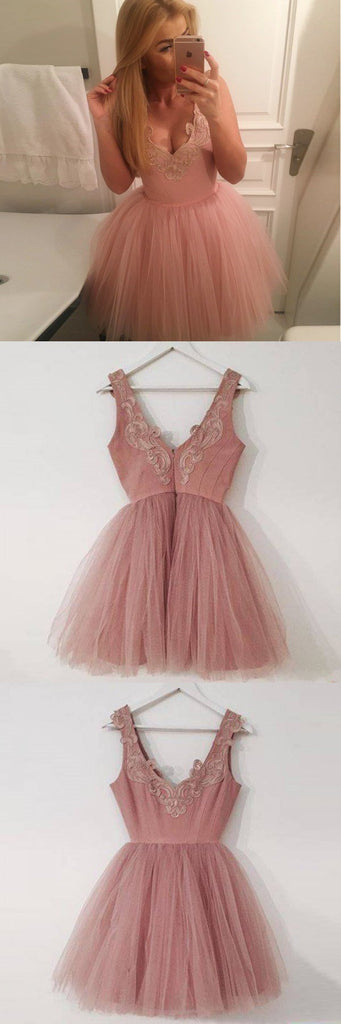 A-Line V-Neck Short Blush Appliques Homecoming Dress , Short Bridesmaid Dresses, WG102 - SposaBridal