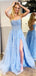 A-line Ice Blue Lace Spaghetti Straps Side-slit Prom Dresses, PD2127