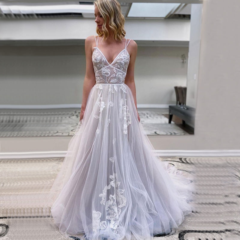 A-line Fashion V-Neck Spaghetti Straps Tulle Long Prom Dresses PD2397