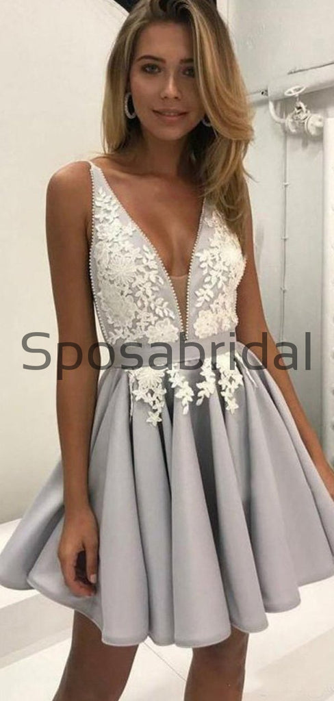 A-line Gray Spaghetti Straps V-Neck Popular Homecoming Dresses BD0426