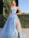 A-line Ice Blue Lace Spaghetti Straps Side-slit Prom Dresses, PD2127