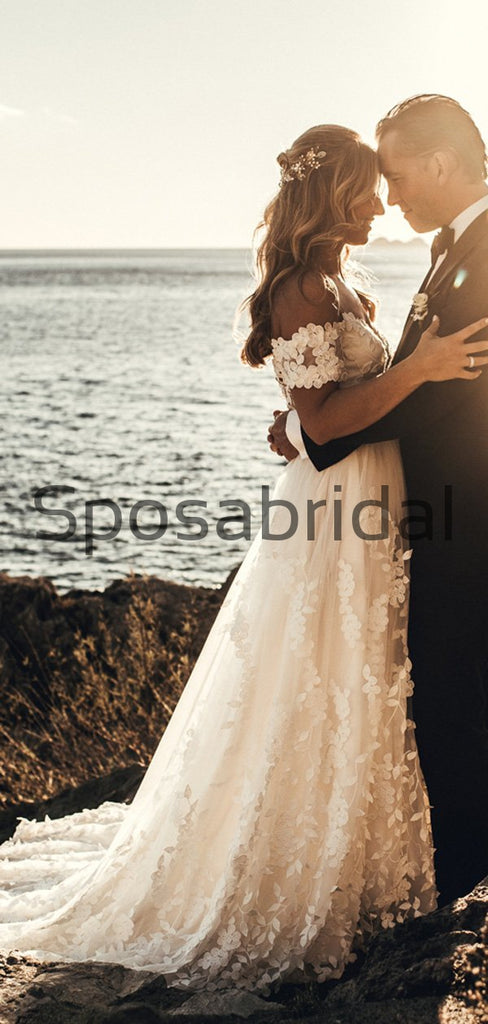 A-line Lace Off the Shoulder Beach Vintage Wedding Dresses WD0479