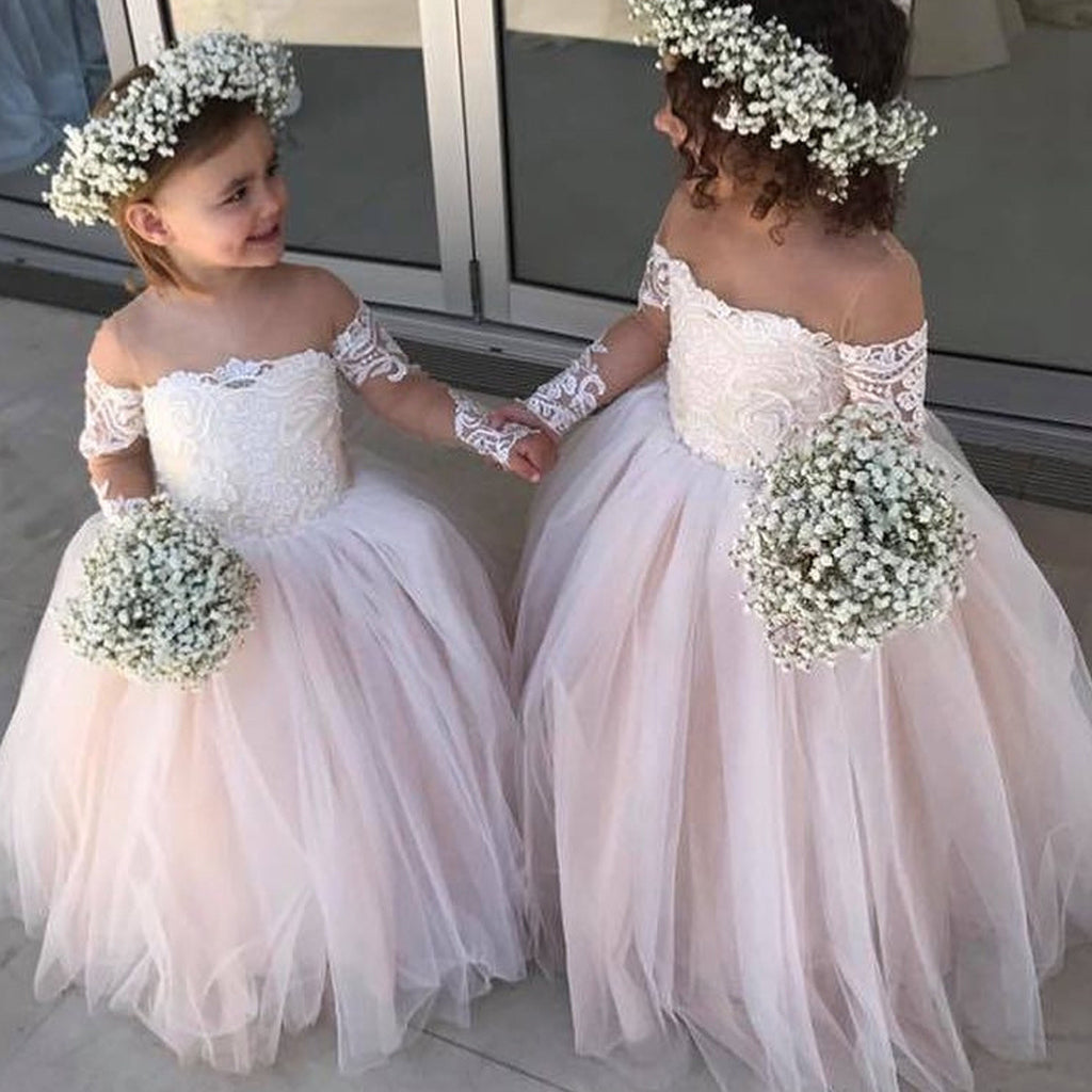 A-line Long Sleeves Lace Tulle Cute Hot Sale Flower Girl Dresses FG146
