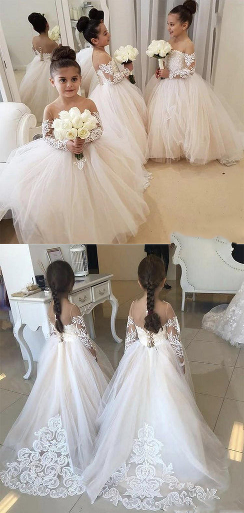 A-line Long Sleeves Lace Tulle Hot Sale Flower Girl Dresses FG148