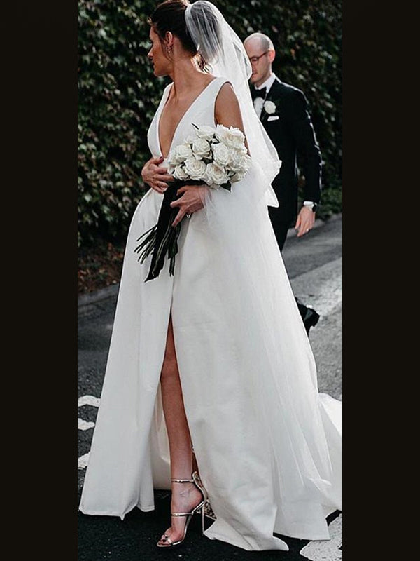Sexy Deep V-neck A-line Simple Cheap Long Ivory Wedding Dresses, WD0564