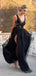 A-line Black Tulle Gorgeous V-Neck Slit Long Prom Dresses PD2126