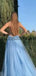 A-line Ice Blue Lace Spaghetti Straps Side-slit Prom Dresses, PD2127