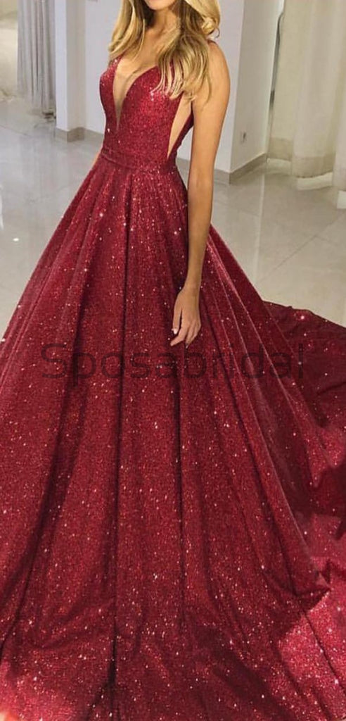 A-line Gorgeous Burgundy V-neck Sequin Sparkly Modest Long Prom Dresses, Ball gown PD1517