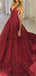 A-line Gorgeous Burgundy V-neck Sequin Sparkly Modest Long Prom Dresses, Ball gown PD1517