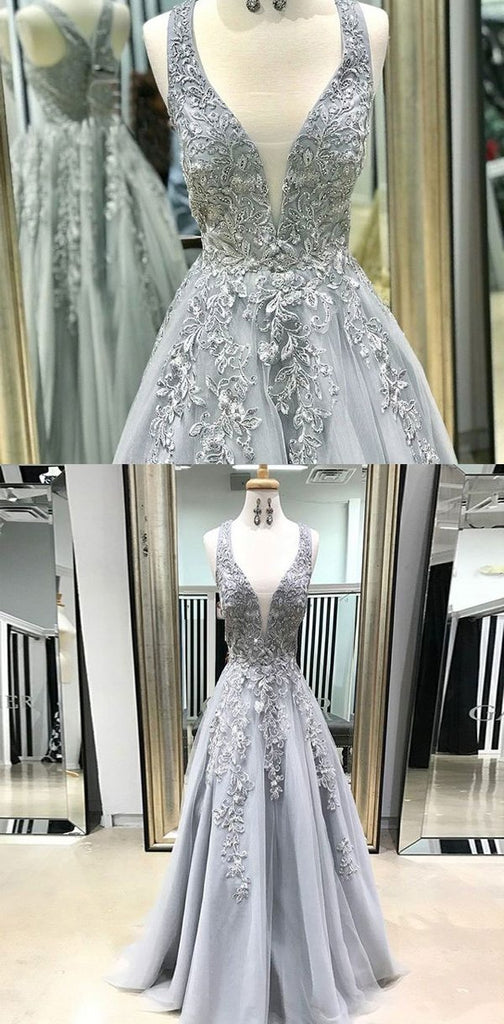 A-line Modest Popular Elegant Formal Deep V Neck Long Prom Dresses with Appliques, PD1302