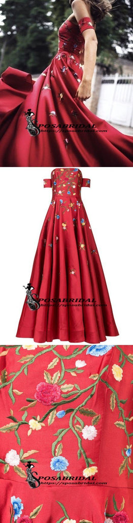 A-line Red Off Shoulder Beautiful Flower Appliques Prom Dresses, Fashion dress for woman, PD0475 - SposaBridal