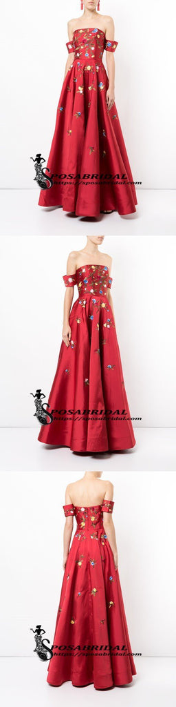 A-line Red Off Shoulder Beautiful Flower Appliques Prom Dresses, Fashion dress for woman, PD0475 - SposaBridal