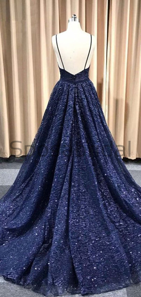 A-line Spaghetti Straps Sparkly Navy Blue Sequin Long Shining Gorgeous Prom Dresses PD1733