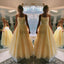 A-line Spaghetti Straps Yellow Lace Formal Long Modest New Prom Dresses, PD1742