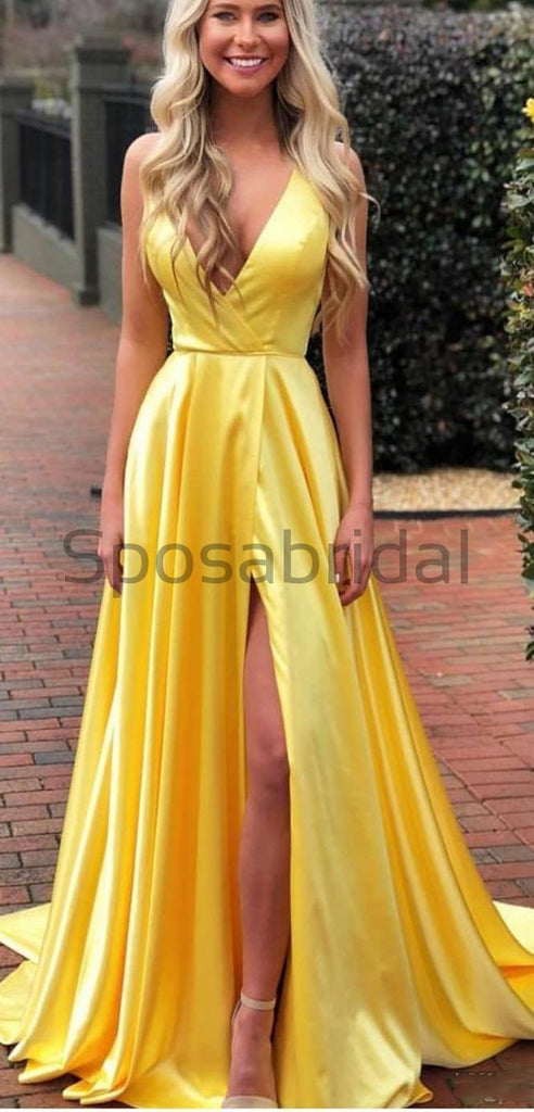 A-line Yellow Cheap Side Slit Spaghetti Straps Simple Long Prom Dresses PD1550