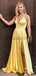 A-line Yellow Cheap Side Slit Spaghetti Straps Simple Long Prom Dresses PD1550