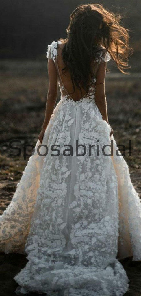 A Line Ivory V-Neck Country Beach Wedding Dresses with Appliques WD0533