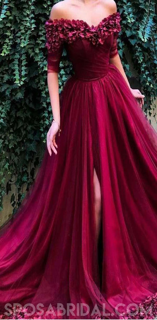 A Line Off The Shoulder Burgundy Tulle Prom Dresses With Appliques Split, Evening Dress, PD1128