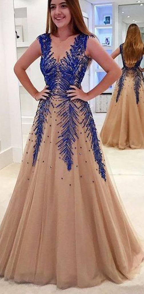 A Line V Neck Modest Elegant Hot Champagne Tulle Long Appliques Beading Prom Dresses ,PD1208