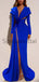 Affordable Blue Elegant Long Sleeves Side Slit Mermaid Formal Prom Dresses PD1971