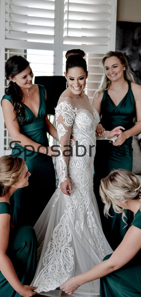 Attractive Long Seeves Mermaid Lace Chic Illusion Beach Long Wedding Dresses WD0544