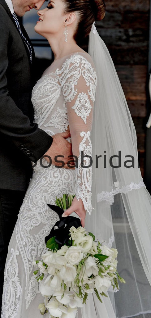Attractive Long Seeves Mermaid Lace Chic Illusion Beach Long Wedding Dresses WD0544