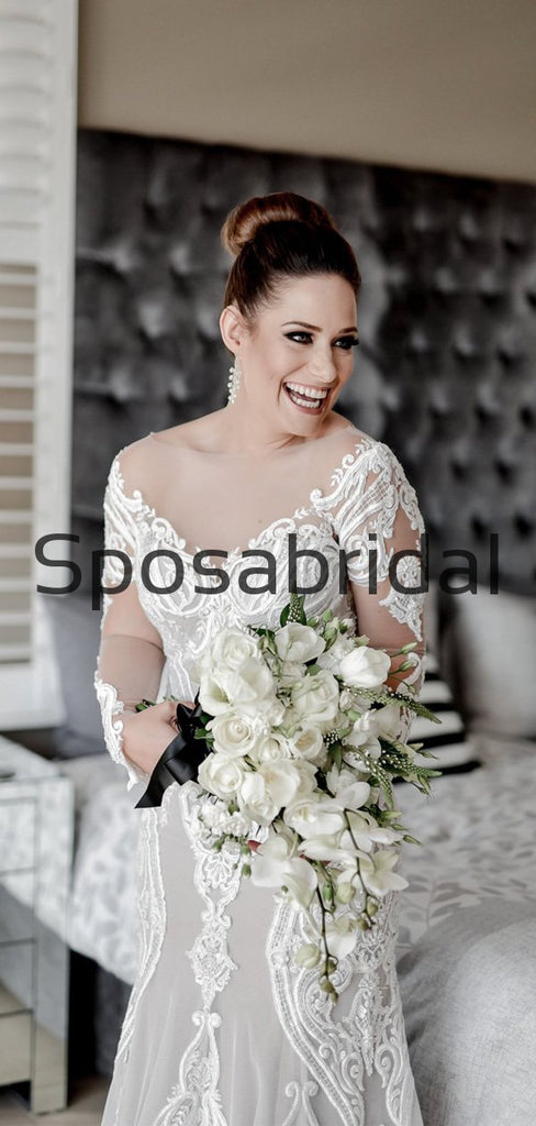 Attractive Long Seeves Mermaid Lace Chic Illusion Beach Long Wedding Dresses WD0544