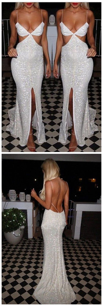 Side Slit Spaghetti Straps Sequined Sexy Cocktail Evening Long Prom Dresses Online,PD0145
