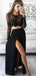 Black Lace Long Sleeves Sexy Slit Two-piece A-line Prom Long Evening Dress, PD0056
