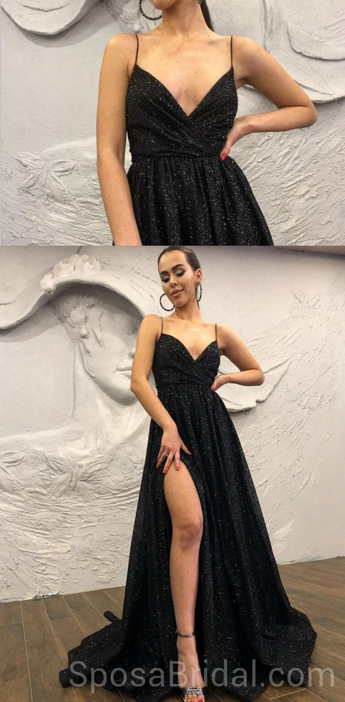 Black Chamring Spaghetti Strap Side Slit Sparkly Sequin Modest Cheap Elegant Formal Long Prom Dresses, PD1218