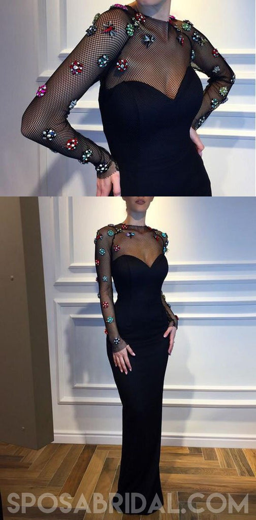 Black Mermaid Long Sleeves Elegant Formal Custom High Quality Prom Dresses , PD1144