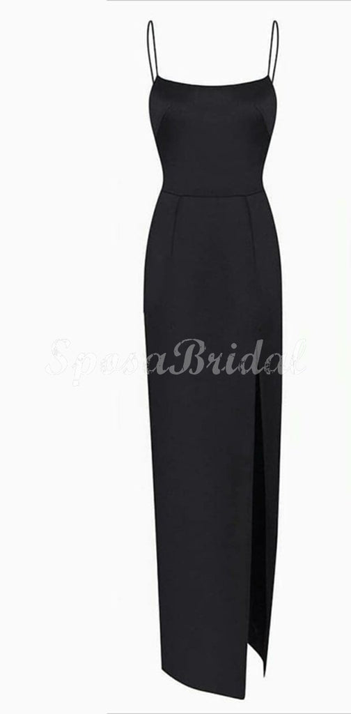 Black Mermaid Spaghetti Straps Side Slit Simple Satin Long Prom Dresses PD1409