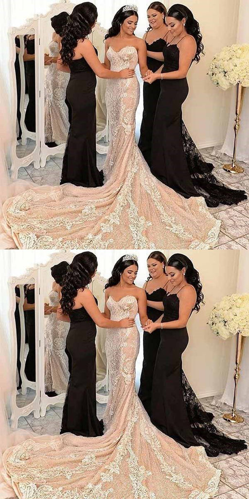Black Mermiad Long Spaghetti Straps Sexy Elegant Modest Cheap Bridesmaid Dresses, prom dress,WG240 - SposaBridal