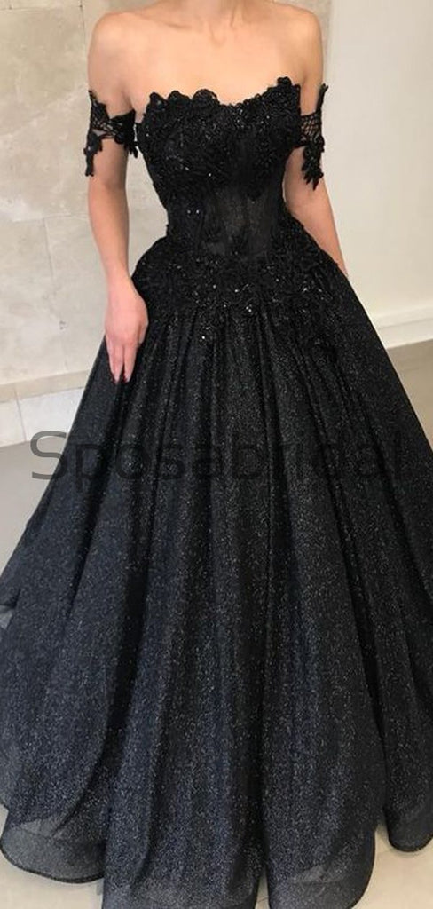 Black Off the Shoulder A-line Sparkly Sequin Elegant Modest Prom Dresses, Ball Gwon, Prom Dress PD1825
