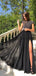 Black Sequin Chiffon Side Slit Cap Sleeves Unique Modest Long Elegant Prom Dresses, Prom Dress PD1826