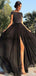 Black Sequin Chiffon Side Slit Cap Sleeves Unique Modest Long Elegant Prom Dresses, Prom Dress PD1826