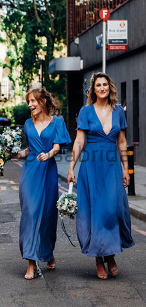 Blue Cheap Short Sleeves Beach Modest Bridesmaid Dresses WG793