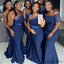 Modest One-shoudler Sleeveless Navy Blue Mermaid Long Bridesmaid Dress, BD3155