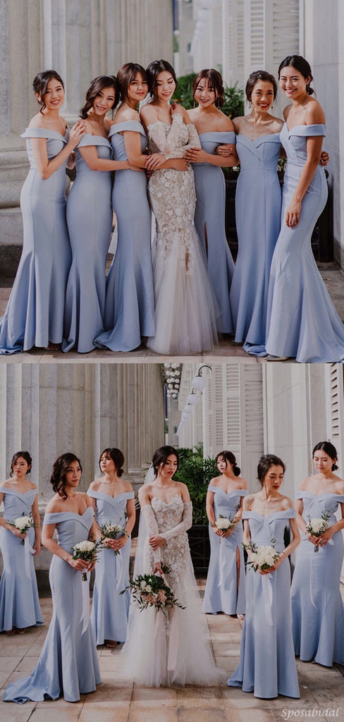 Blue Mermaid Satin Long Elegant Bridesmaid Dresses WG874
