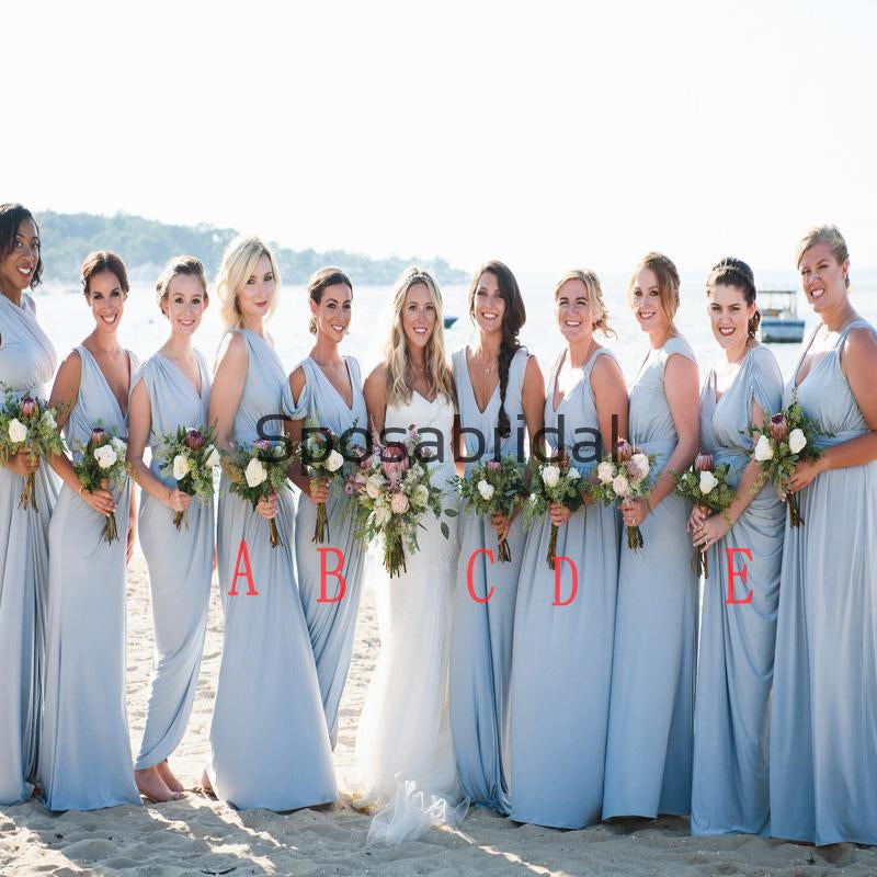 Blue Mismatched Jersey Simple Beach Long Bridesmaid Dresses WG806